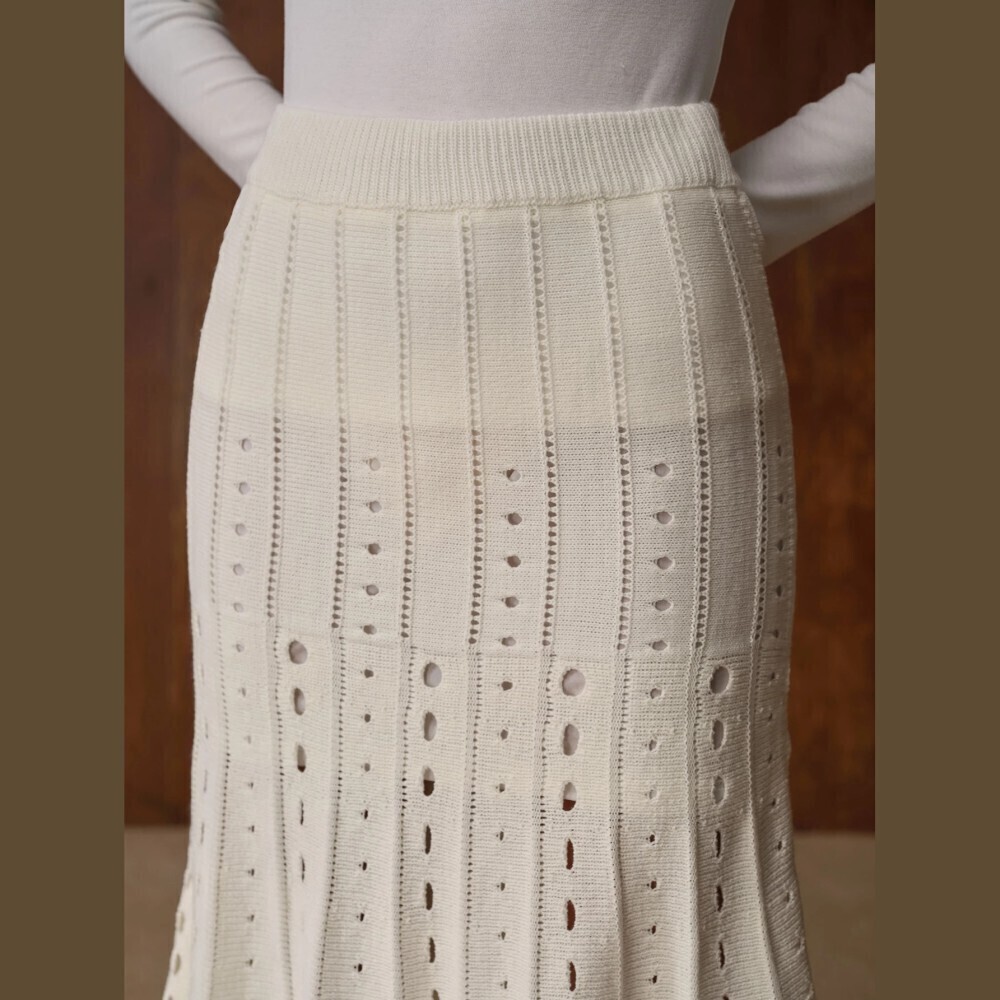 Cream Pointelle Knit Flared A-Line Maxi Skirt with Eyelet Stripes - Picture 7 of 8